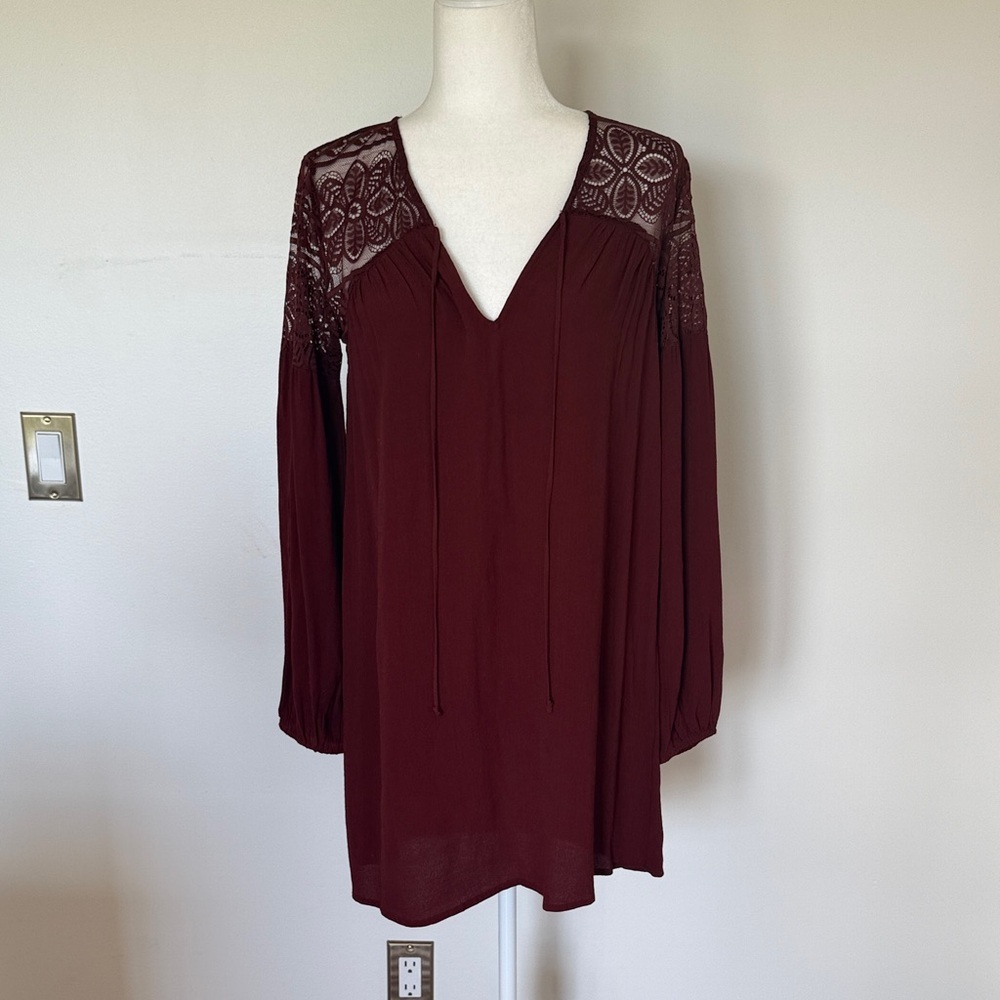 Lumiere 100% Rayon Burgundy Lace Long Sleeve Dress Size Small